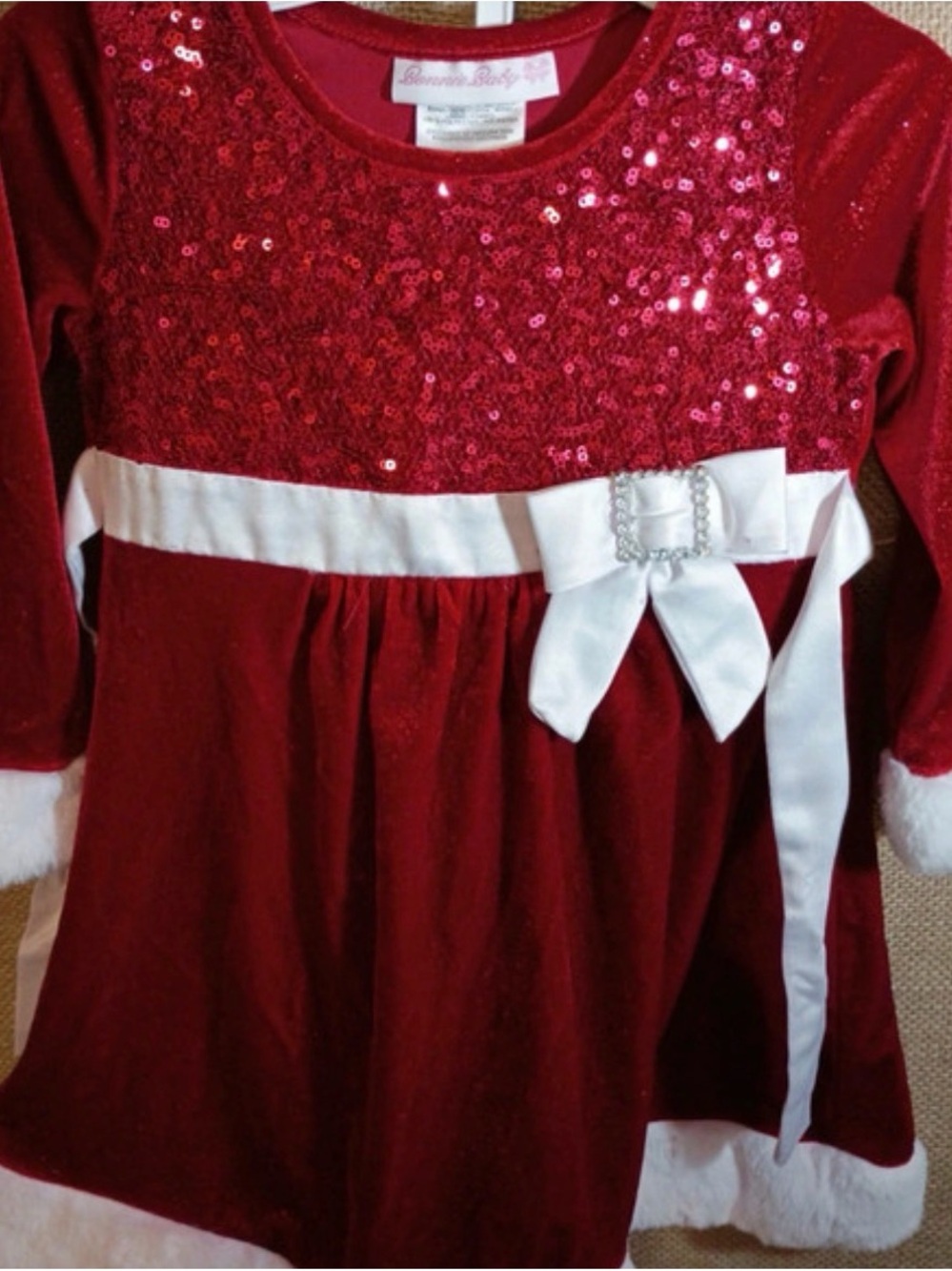 Sequin Velvet Red Holiday Dress with White Sash -